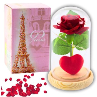 WIECZNA RÓŻA W KOPULE Z OŚWIETLENIEM LED CZERWONA Z SERDUSZKIEM 14x8CM