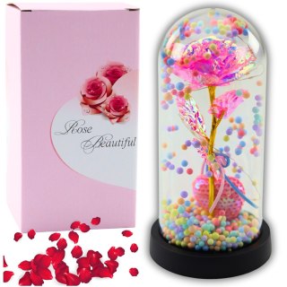 WIECZNA RÓŻA W KOPULE Z OŚWIETLENIEM LED RÓŻOWA Z SERDUSZKIEM I KULECZKAMI