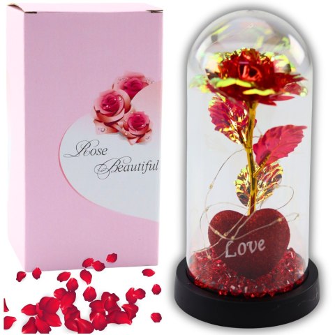 WIECZNA RÓŻA W KOPULE Z OŚWIETLENIEM LED SERCEM KORALIKAMI CZERWONA 21x11CM