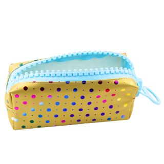 PIÓRNIK SZKOLNY ORGANIZER W KOLOROWE KROPKI DUŻY SUWAK ZŁOTY 21x8CM
