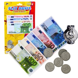 ZESTAW PIENIĄDZE ZABAWKOWE EURO BANKNOTY MONETY EUROZAWIESZKA