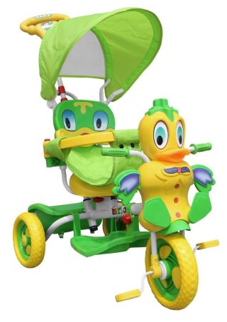 3-KOŁOWY ROWEREK DLA DZIECI KACZKA ZIELONY + DŹWIĘKI + DASZEK + BARIERKA + PODNÓŻEK + RĄCZKA + SCHOWEK