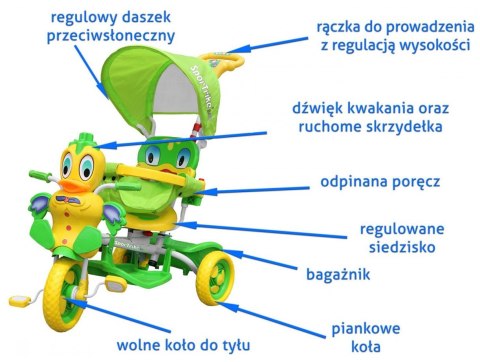 3-KOŁOWY ROWEREK DLA DZIECI KACZKA ZIELONY + DŹWIĘKI + DASZEK + BARIERKA + PODNÓŻEK + RĄCZKA + SCHOWEK
