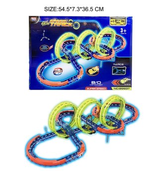 EKSTREMALNY TOR WYŚCIGOWY DLA DZIECI 3+ CZĘŚCI KONSTRUKCYJNE 74 EL. + AUTKO Z LED + PĘTLE 360