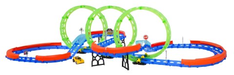 EKSTREMALNY TOR WYŚCIGOWY DLA DZIECI 3+ CZĘŚCI KONSTRUKCYJNE 74 EL. + AUTKO Z LED + PĘTLE 360